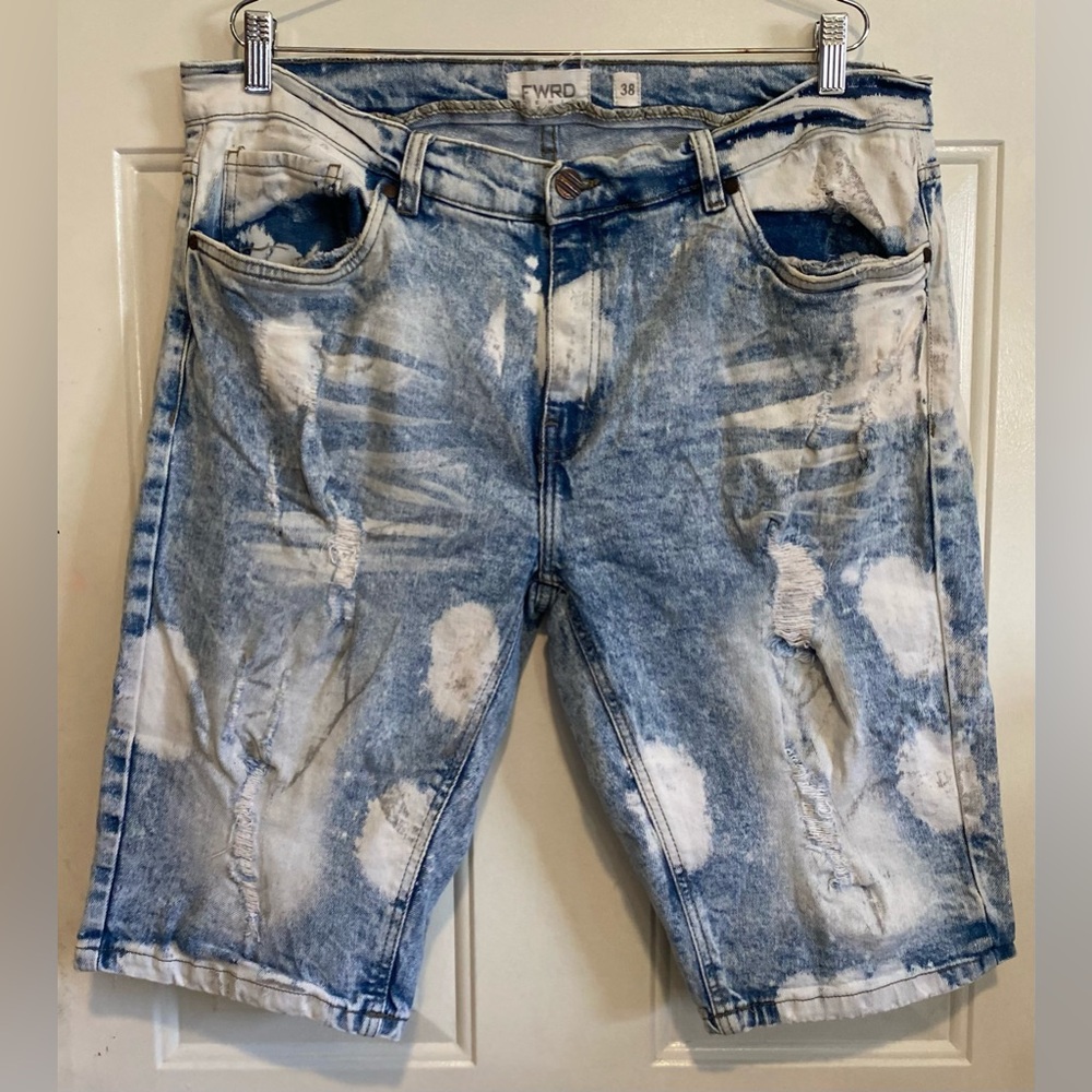 Men’s FWRD Denim Shorts Size 38 Inseam 12” Distressed Holes Jean Light Wash